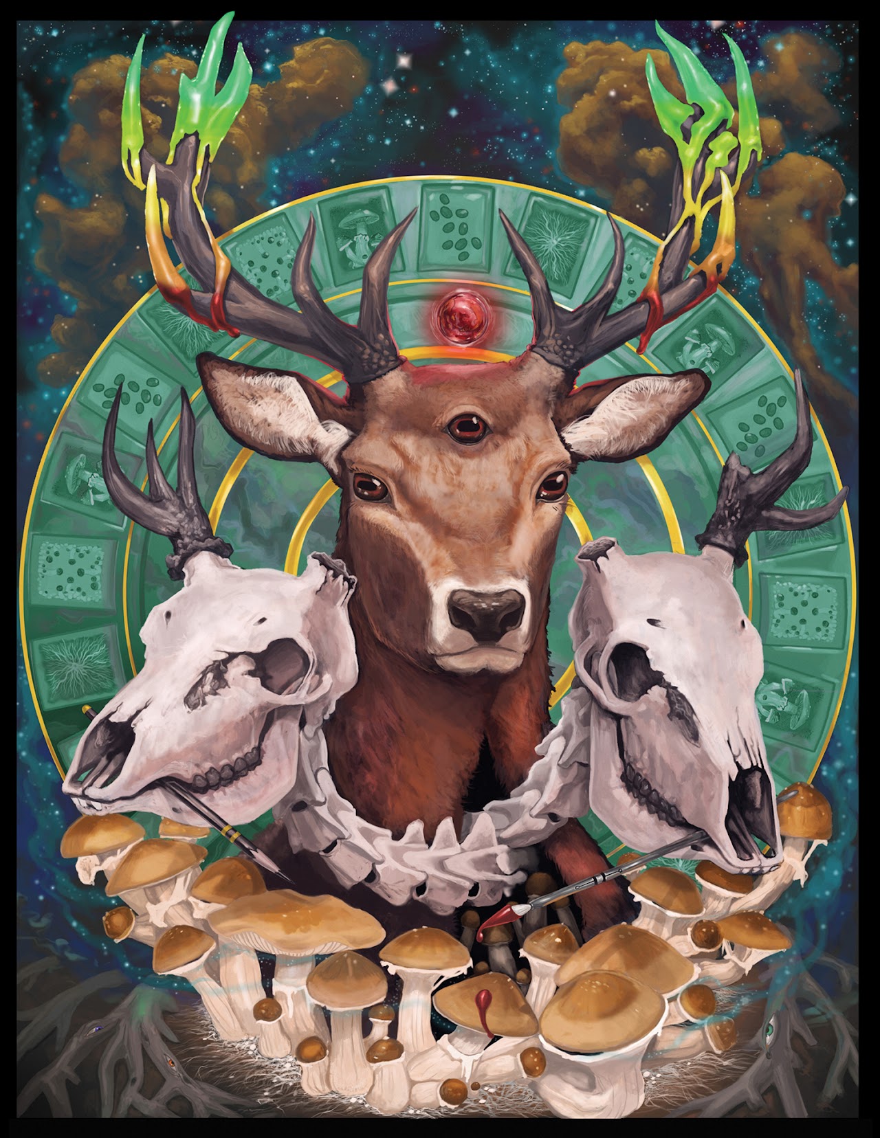 The Crown of the Forest, a stag surrounded by skulls, mushrooms and forest symbolism